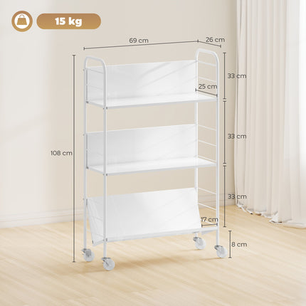 Rolling 3-Tier Metal Bookshelf, 69x26x108 cm, White