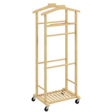 Rolling Bamboo Garment Rack, Double Rail, Shoe Shelf, Tray