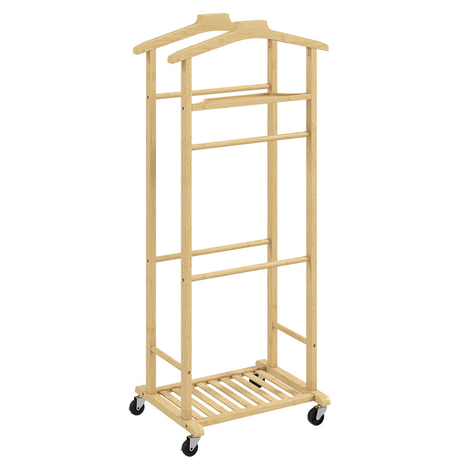 Rolling Bamboo Garment Rack, Double Rail, Shoe Shelf, Tray