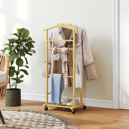 Rolling Bamboo Garment Rack, Double Rail, Shoe Shelf, Tray