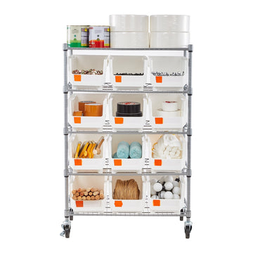 Rolling Bin Storage Rack, 5-Tier, 12 Bins, Wheels
