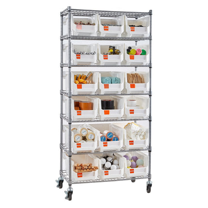 Rolling Bin Storage Rack, 7-Tier, 18 Bins, Steel, Wheels