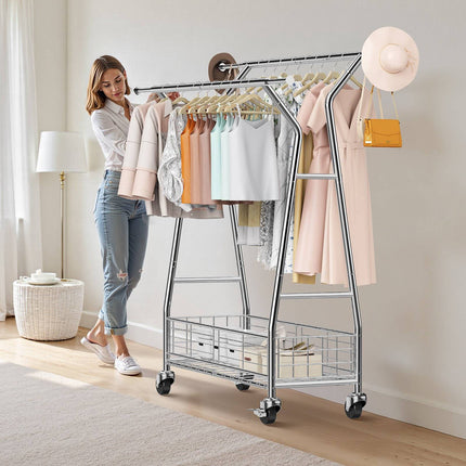 Rolling Clothes Rack, 2 Rods, Basket, 150 kg Capacity