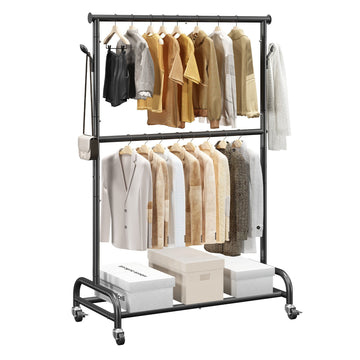 Rolling Clothes Rack With Adjustable Bar, Side Hooks, 150 lb