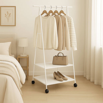 Rolling Clothes Rack with 2 Fabric Shelves & Wheels