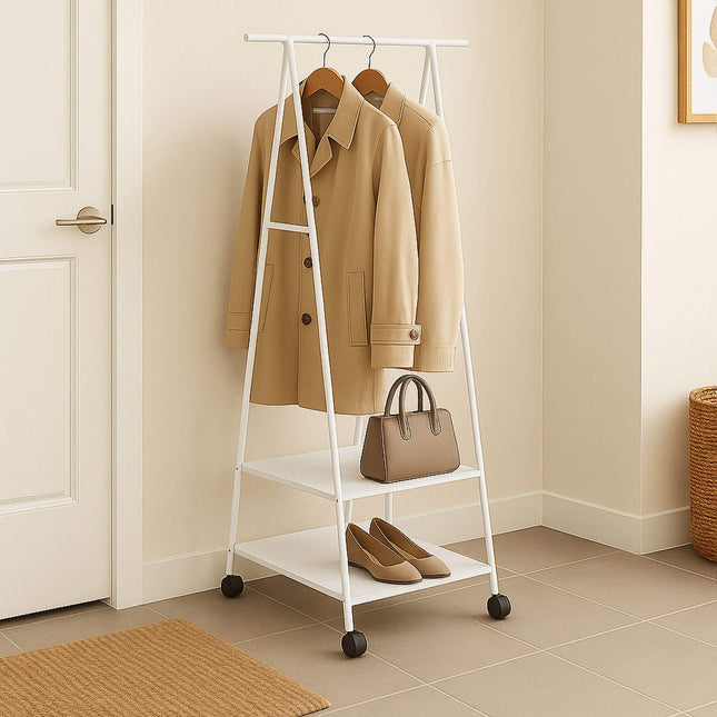 Rolling Clothes Rack with 2 Fabric Shelves & Wheels