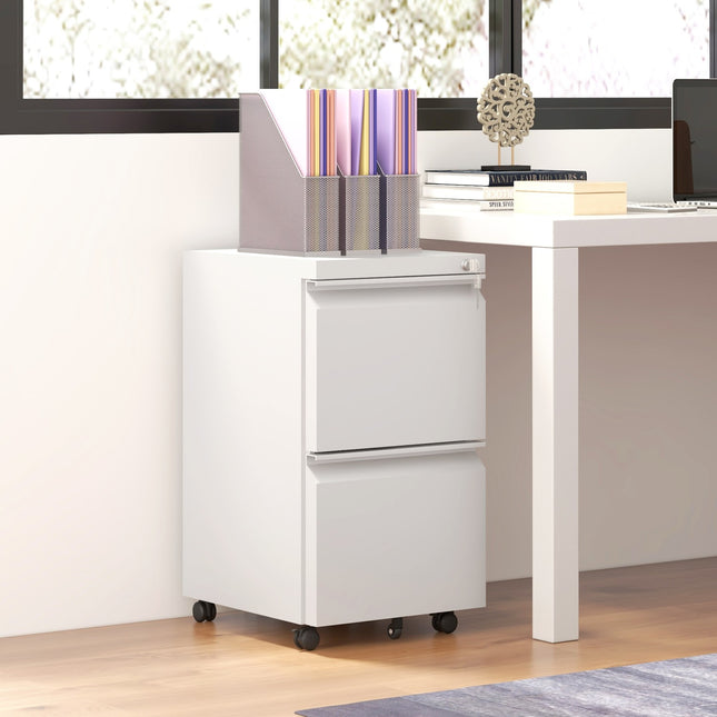 Rolling white filing cabinet in steel with 2 drawers, lockable