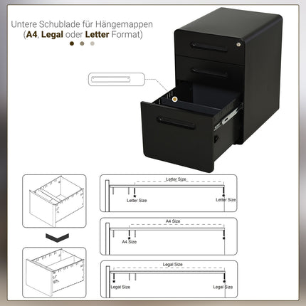 Rolling file cabinet - 3 drawers, steel, black, 39x48x59 cm
