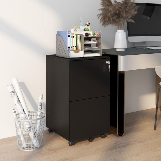 Lockable filing cabinet in black steel on wheels, 2 drawers