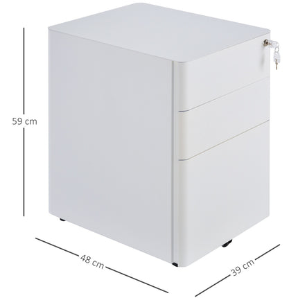 White mobile filing cabinet in steel with 3 drawers, 39x48x59 cm
