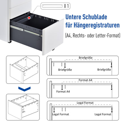White mobile filing cabinet in steel with 3 drawers, 39x48x59 cm
