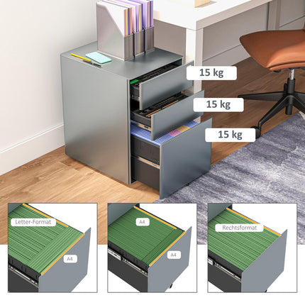 Gray rolling mobile filing cabinet with lockable drawers