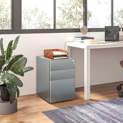 Gray rolling mobile filing cabinet with lockable drawers