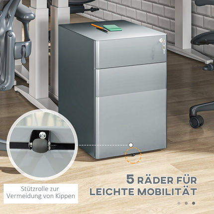 Gray rolling mobile filing cabinet with lockable drawers