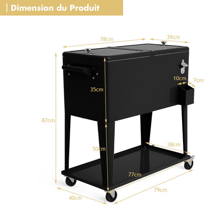 Rolling Cooler Cart 76L, Wheels, Bottle Opener