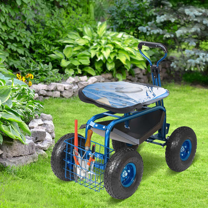 Rolling Garden Cart with 360 Swivel Seat, Tool Tray