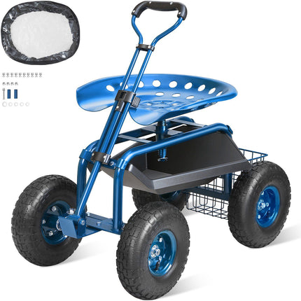 Rolling Garden Cart with 360 Swivel Seat, Tool Tray