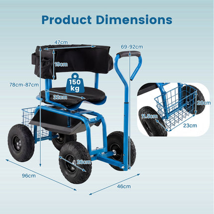 Rolling Garden Cart with Swivel Seat and Storage Basket
