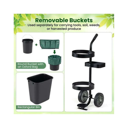 Rolling Garden Cart with Wheels, 20 L Bucket, 10 L Bin, Tool Bag, Green