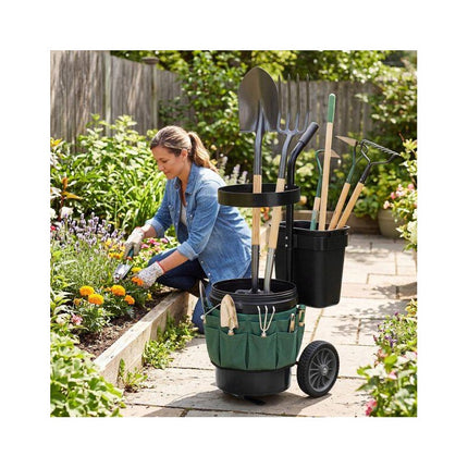 Rolling Garden Cart with Wheels, 20 L Bucket, 10 L Bin, Tool Bag, Green