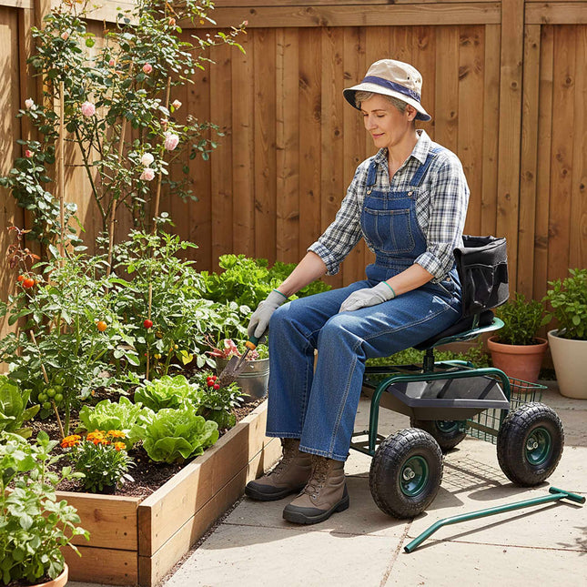 Rolling Garden Seat with Storage and Adjustable Height