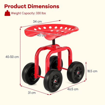 Rolling Garden Seat with Swivel & Adjustable Height, Red