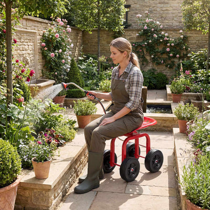 Rolling Garden Seat with Swivel & Adjustable Height, Red