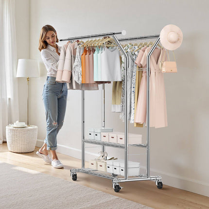 Rolling Garment Rack, 2 Rods 2 Shelves, 120 kg