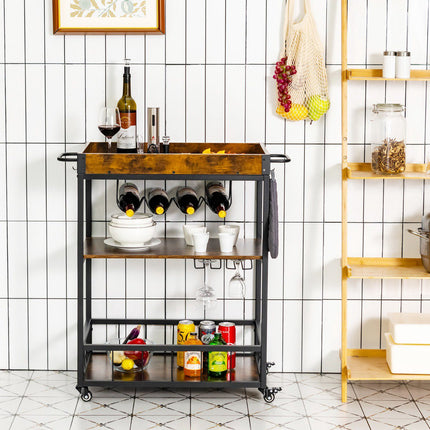 Rolling Kitchen Bar Cart, 3-Tier, Wine Rack, Rustic Brown