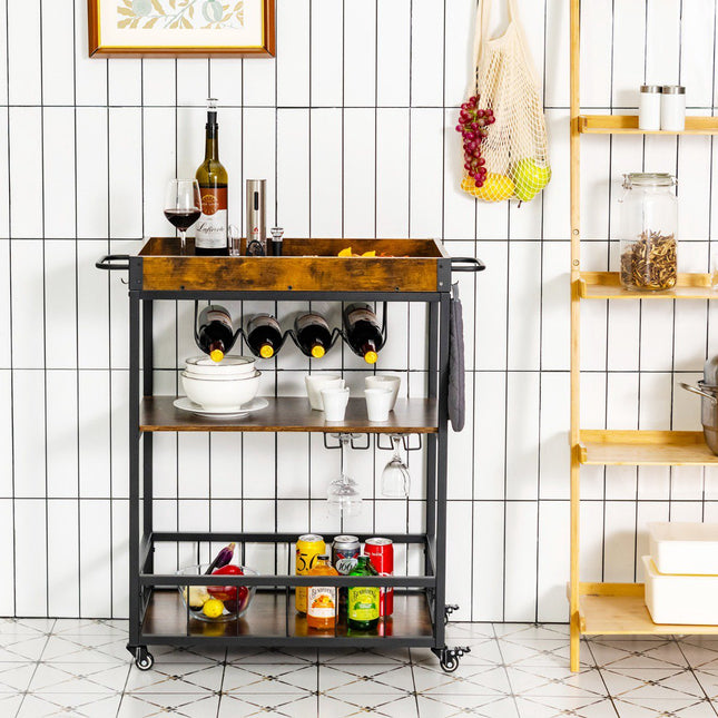 Rolling Kitchen Bar Cart, 3-Tier, Wine Rack, Rustic Brown
