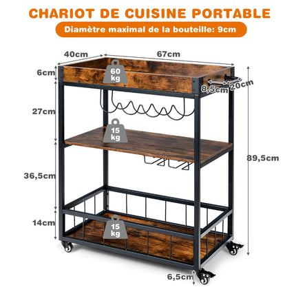 Rolling Kitchen Bar Cart, 3-Tier, Wine Rack, Rustic Brown