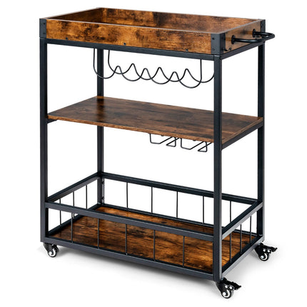 Rolling Kitchen Bar Cart, 3-Tier, Wine Rack, Rustic Brown