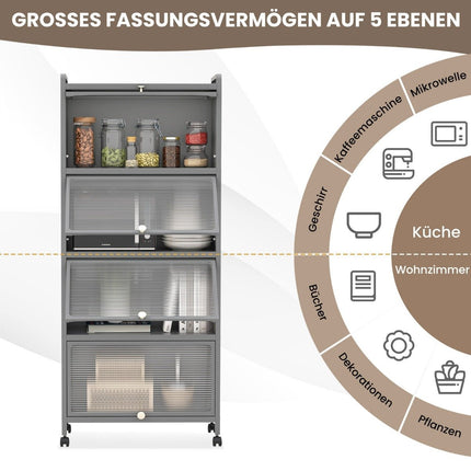 Rolling Kitchen Cabinet with Shelves and Folding Doors