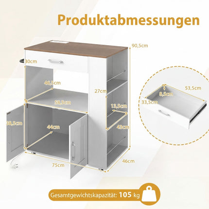 Rolling Kitchen Cart with Charging Station & Shelves