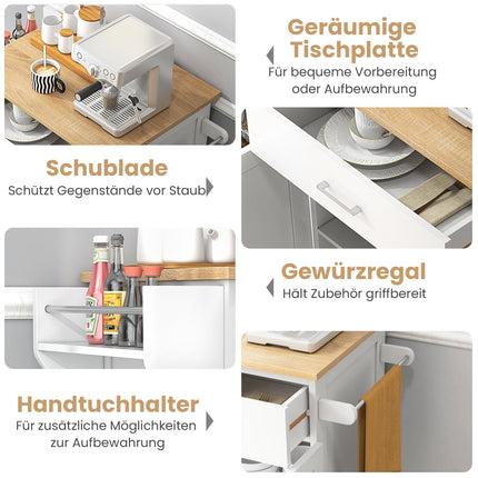 Rolling Kitchen Cart with Drawer, Spice Rack, Towel Bars