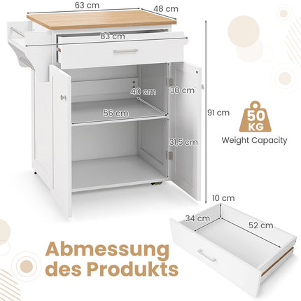 Rolling Kitchen Cart with Drawer, Spice Rack, Towel Bars