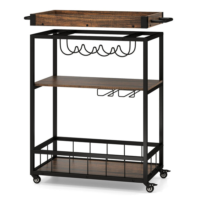 Rolling Kitchen Cart with Removable Tray, 3-Tier, Brown