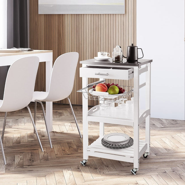 Rolling Kitchen Island Cart with Stainless Steel Top, White