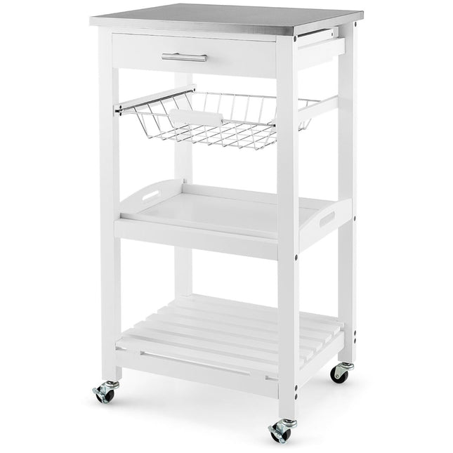 Rolling Kitchen Island Cart with Stainless Steel Top, White