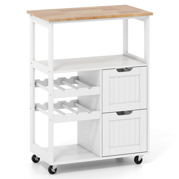 Rolling Kitchen Island Cart with Wood Top & Wine Rack