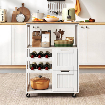 Rolling Kitchen Island Cart with Wood Top & Wine Rack