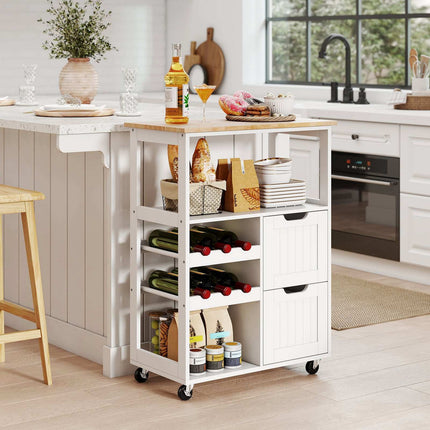 Rolling Kitchen Island Cart with Wood Top & Wine Rack