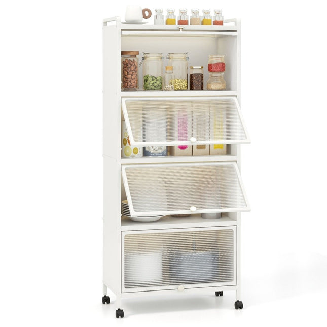Rolling Kitchen Shelf with Foldable Doors, 60x32x154 cm, White