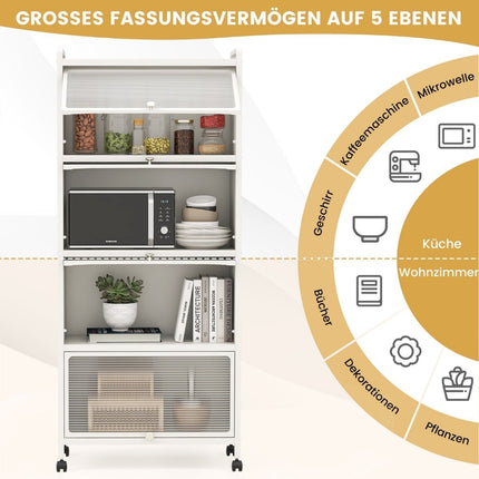 Rolling Kitchen Shelf with Foldable Doors, 60x32x154 cm, White