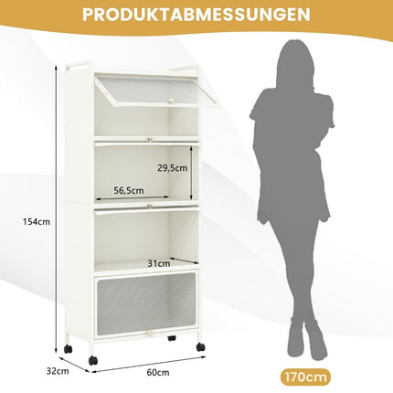 Rolling Kitchen Shelf with Foldable Doors, 60x32x154 cm, White