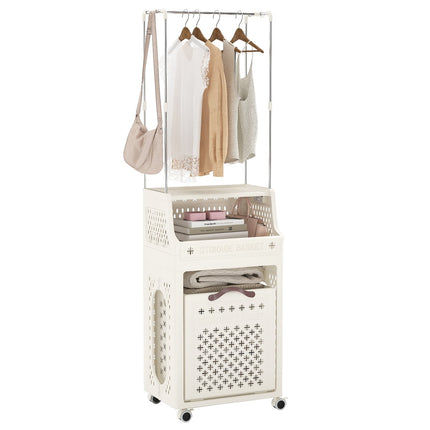 Rolling Laundry Basket with Hanger, Foldable, Beige, 30L