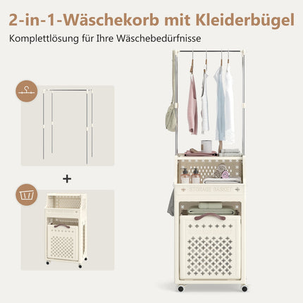 Rolling Laundry Basket with Hanger, Foldable, Beige, 30L