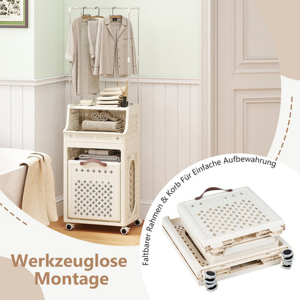 Rolling Laundry Basket with Hanger, Foldable, Beige, 30L
