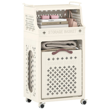 Rolling Laundry Basket with Shelf, Foldable, Beige, 30L