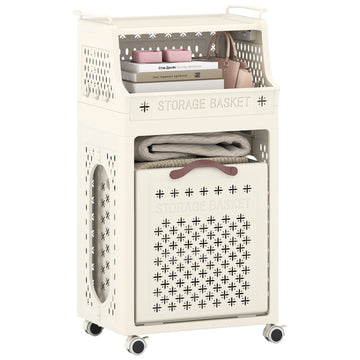 Rolling Laundry Basket with Shelf, Foldable, Beige, 30L